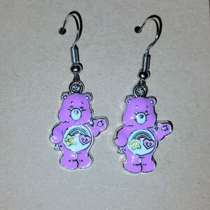 Handmade Care Bears Best Friend Bear Enamel Dangle Earrings Purple Rainbow Retro